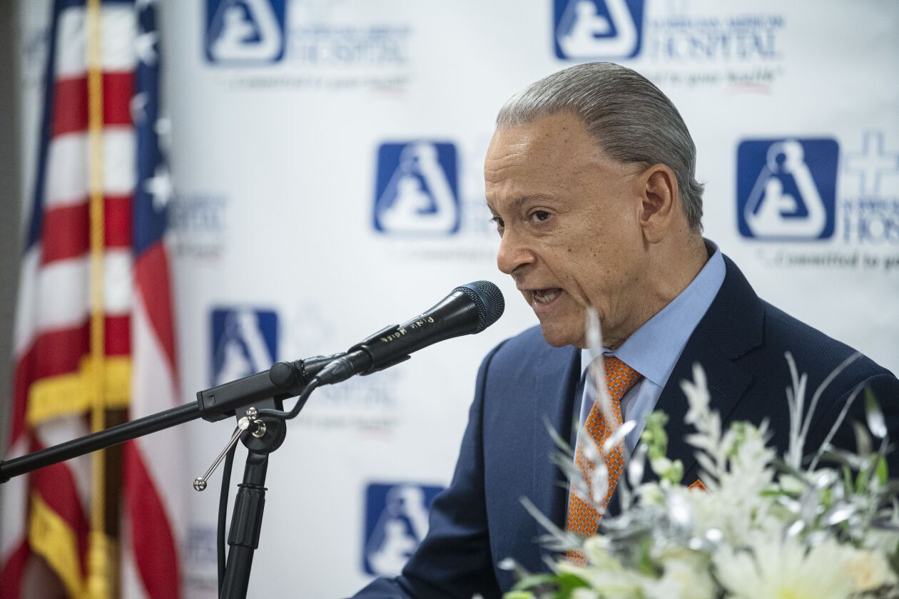 President and CEO of Norwegian American Hospital Jose R. Sanchez speaks about the importance of health care workers during the pandemic at a press conference to administer the first COVID-19 vaccinations to Latino healthcare workers at the Norwegian American Hospital in Humboldt Park,